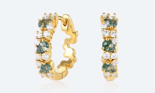 Round Cut Lab Diamond Dynamic Style Huggie Earrings with Moss Agate Accents Round Cut Lab Diamond Dynamic Style Huggie Earrings with Moss Agate Accents