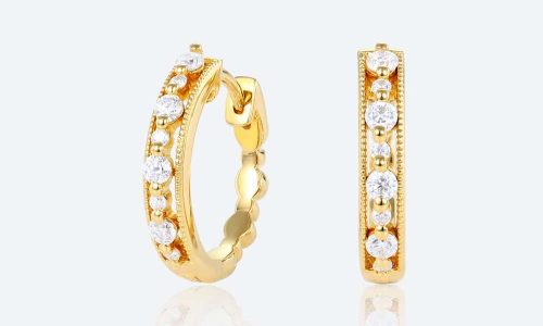 Round Cut Lab Diamond Refined Style Hoop Earrings Milgrain Hinged Clicker Earrings