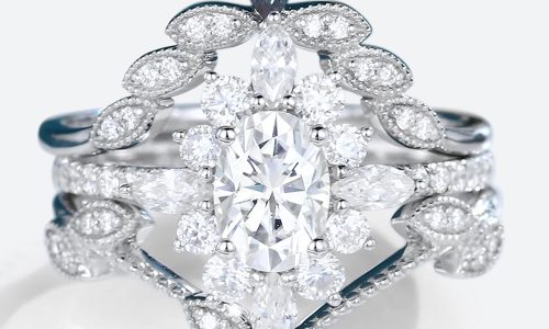 White Gold Oval Cut Lab Grown Diamond Half Eternity Engagement Ring with Curved Wedding Band Set (1)