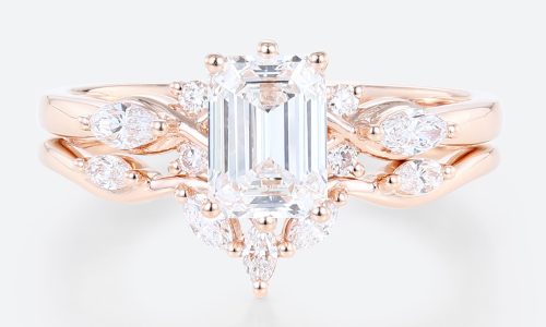 Rose Gold 1CT Emerald Cut Lab Diamond Engagement Ring Set (1)