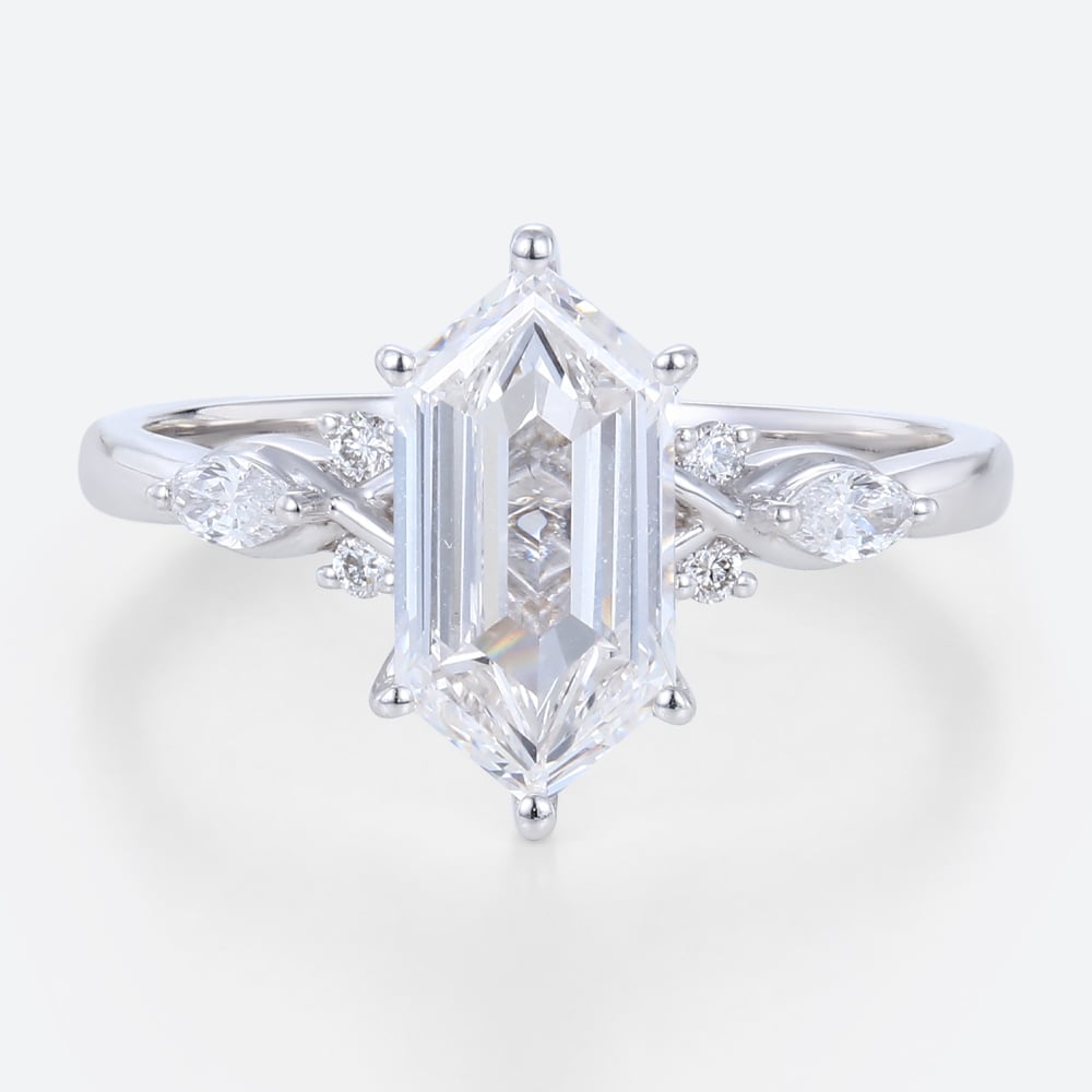 Elongated Hexagon Cut Lab Grown Diamond White Gold Engagement Ring