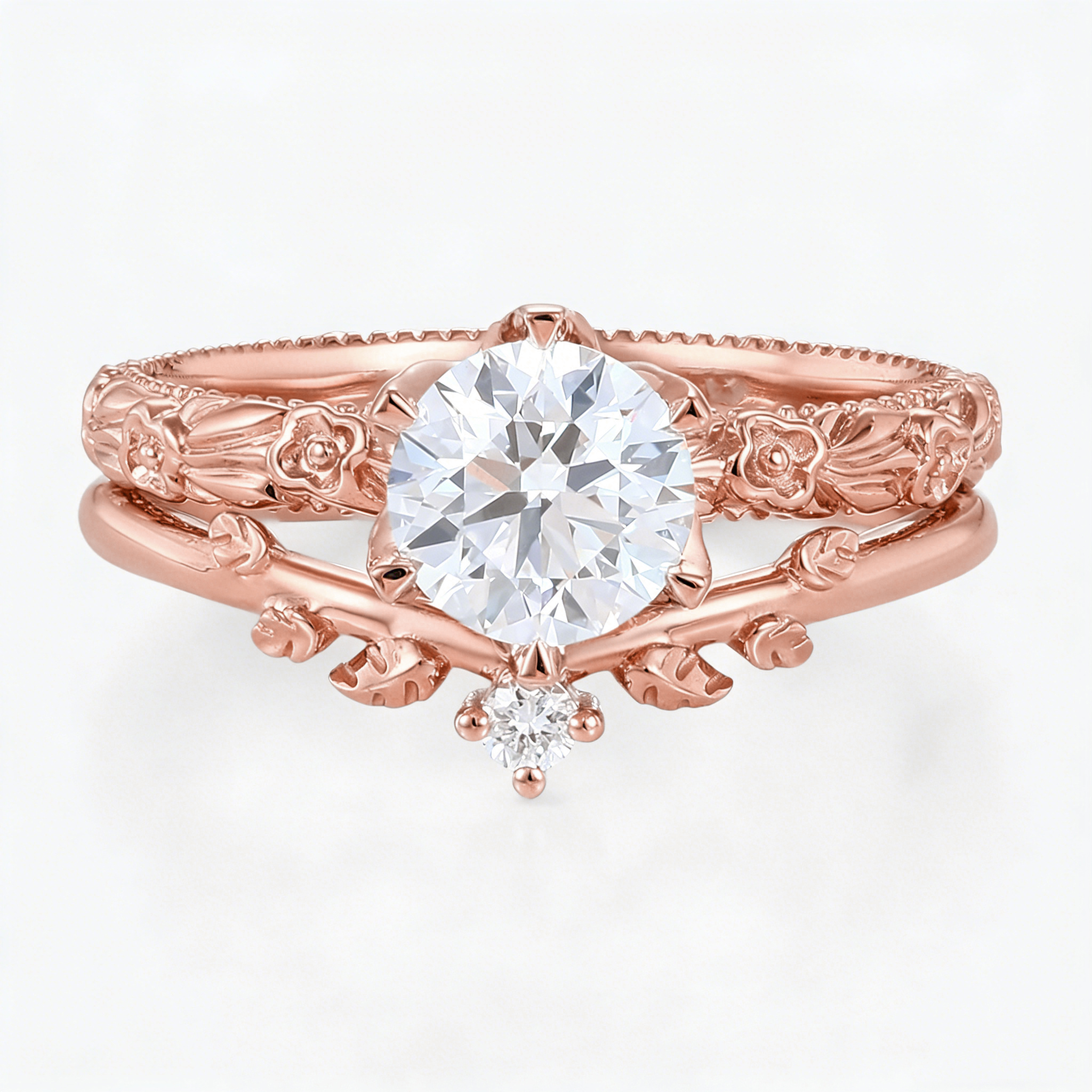 1 Carat Diamond Ring Lab Grown Rose Gold Solitaire Engagement Ring Set