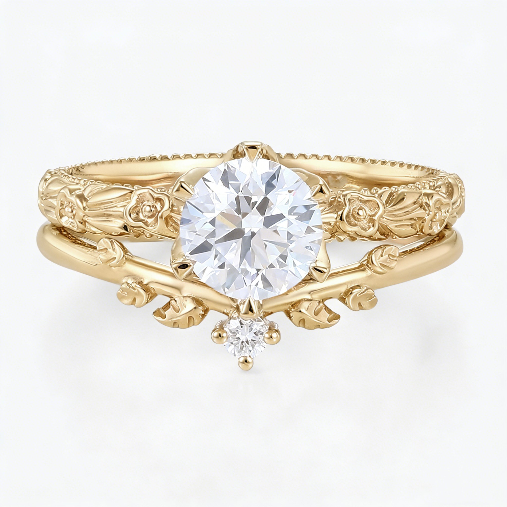 1 Carat Diamond Ring Lab Grown Yellow Gold Solitaire Engagement Ring Set