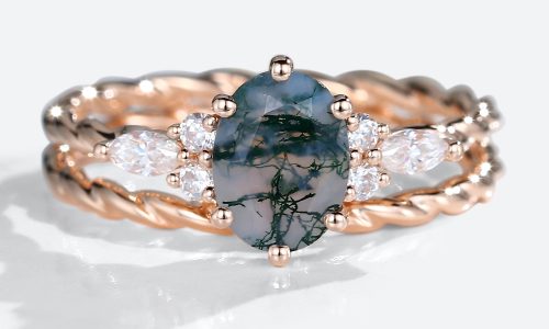 2PCS Rose Gold Oval Cut Moss Agate Twisted Engagement Ring Set (1)