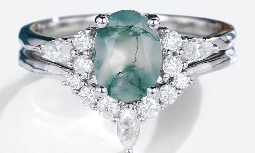 2PCS White Gold Oval Cut Moss Agate Engagement Ring with Moissanite Curved Wedding Band Set (1)