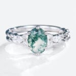 2PCS White Gold Oval Cut Moss Agate Twisted Engagement Ring with Curved Wedding Band Set (1)