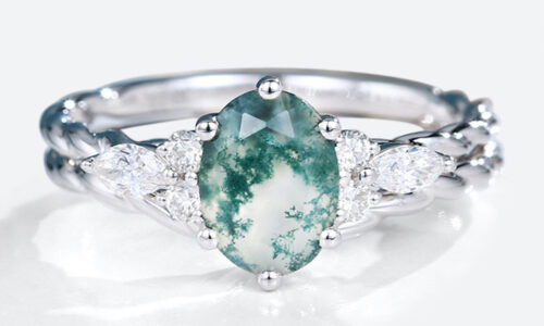 2PCS White Gold Oval Cut Moss Agate Twisted Engagement Ring with Curved Wedding Band Set (1)