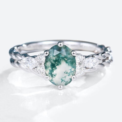 2PCS White Gold Oval Cut Moss Agate Twisted Engagement Ring with Curved Wedding Band Set