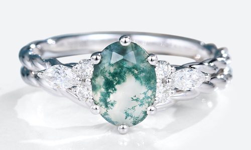 2PCS White Gold Oval Cut Moss Agate Twisted Engagement Ring with Curved Wedding Band Set (1)