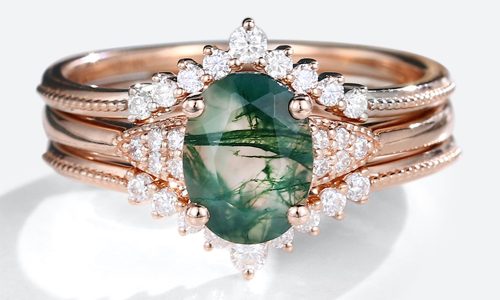 3PCS Rose Gold Oval Cut Moss Agate Engagement Ring Double Curved Moissanite Wedding Band Set (1)