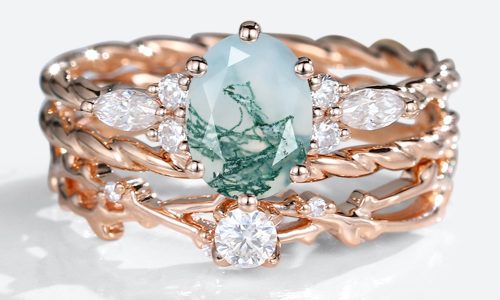 3PCS Rose Gold Oval Cut Moss Agate Ring Unique MoissaniteTwisted Moss Agate Engagement Ring Set (1)