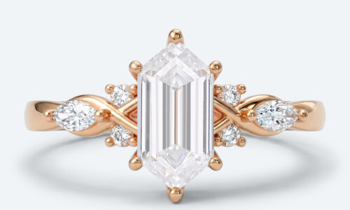 Long Hexagon Cut Lab Grown Diamond Vintage 6-Prong Engagement Ring in Rose Gold (1)