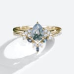 Pear Shaped Moss Agate Ring Alexandrite Curved Wedding Ring Set