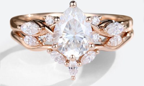 Rose Gold 1.2CT Pear Shaped Lab Grown Diamond Engagement Ring Set (1)