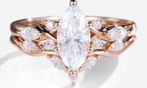 Rose Gold 1CT Marquise Cut Lab Diamond Engagement Ring Set (1)