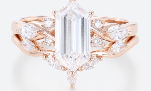 Rose Gold Elongated Hexagon Cut Lab Grown Diamond Engagement Ring Set (1)