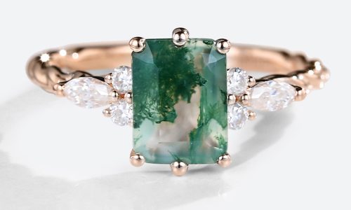 Rose Gold Emerald Cut Engagement Rings Moss Agate Ring Twisted Engagement Ring (1)