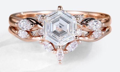 Rose Gold Hexagon Cut Lab Diamond Engagement Ring Set (1)