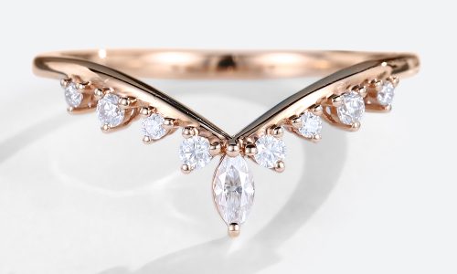 Rose Gold Marquise Cut Moissanite Rings Round Moissanite Curved Wedding Band (1)