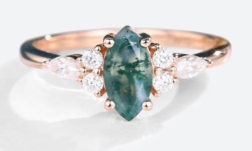 Rose Gold Marquise Cut Moss Agate Engagement Ring Simple Engagement Rings (1)