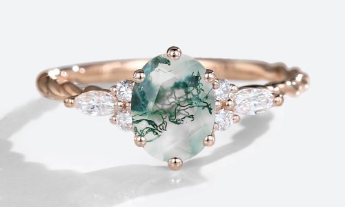 Rose Gold Oval Cut Moss Agate Engagement Ring Unique Twisted Band Engagement Ring (2)