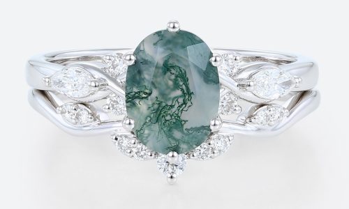 Rose Gold Oval Cut Moss Agate Engagement Ring with Curved Wedding Band Set (1)