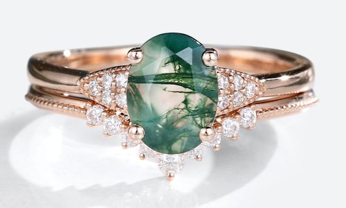 Rose Gold Oval Cut Moss Agate Engagement Ring with Round Moissanite Curved Wedding Band (1)