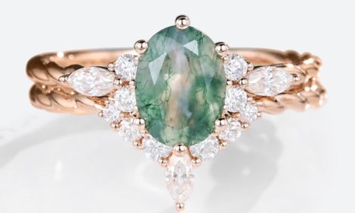 Rose Gold Oval Cut Moss Agate Twisted Engagement Ring With Curved Wedding Ring Set (1)