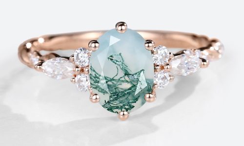 Rose Gold Oval Cut Moss Agate ngagement Ring Vintage Twisted Diamond Band (1)