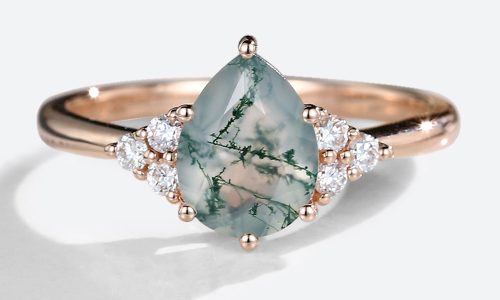 Rose Gold Pear Shaped Moss Agate With Moissanite Side Stones Engagement Ring (1)