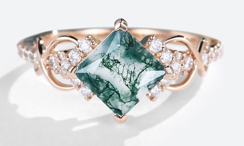 Rose Gold Princess Cut Moss Agate Engagement Ring Vintage Engagement Rings (1)