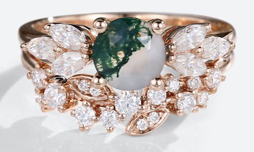 Rose Gold Round Cut Moss Agate Ring With Round Diamond Cluster Wedding Ring Set (1)