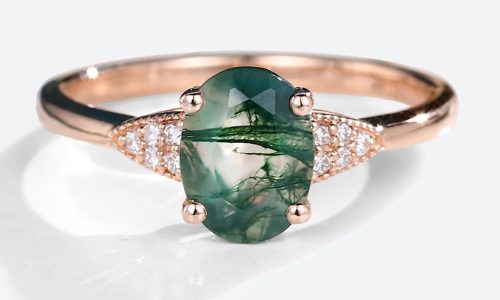 Solid Rose Gold Oval Cut Moss Agate Ring Unique Simple Engagement Rings (1)