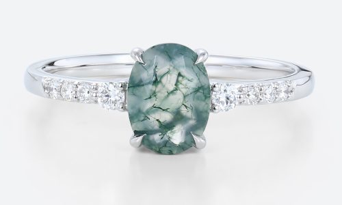 White Gold Oval Cut Moss Agate Pave Band Engagement Ring (1)