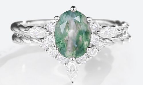 White Gold Oval Cut Moss Agate Ring 34 Twisted Engagement Ring with Curved Wedding Band Set (1)