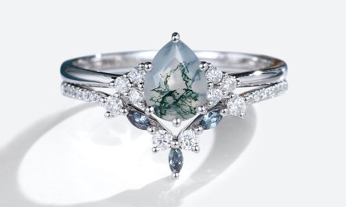 White Gold Pear Shaped Moss Agate Ring with Alexandrite Curved Wedding Ring Set (1)