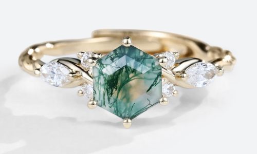 Yellow Gold Hexagon Cut Moss Agate Engagement Ring Adjustable Wedding Band (1)