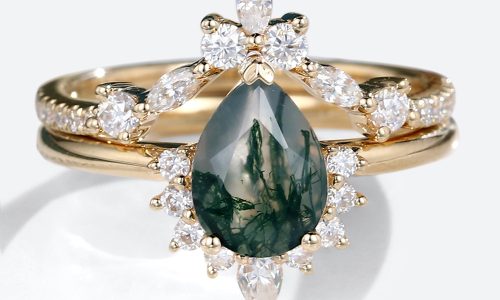 Yellow Gold Pear Shaped Engagement Ring Moss Agate Ring with Curved Wedding Band Set (1)