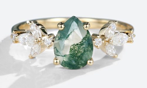 Yellow Gold Pear Shaped Moss Agate Ring Unique Moissanite Side Stone Engagement Ring (1)
