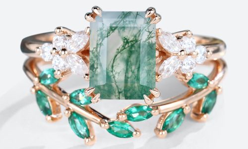 2PCS Emerald Cut Moss Agate Engagement Ring With Emerald Petal Shape Wedding Ring Set (1)