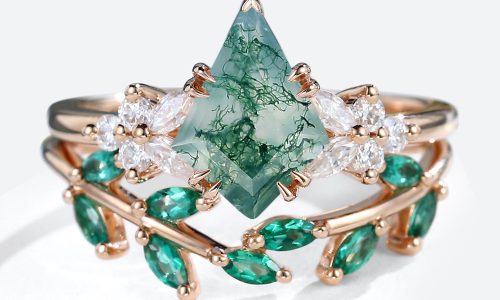 2PCS Rose Gold Kite Shaped Moss Agate Stacking Engagement Ring With Emerald Petal Shape Wedding Ring Set (1)