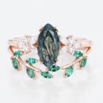 2PCS Rose Gold Marquise Cut Moss Agate Engagement Ring Set