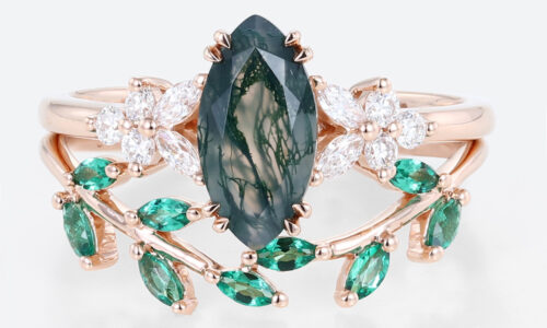 2PCS Rose Gold Marquise Cut Moss Agate Engagement Ring Set