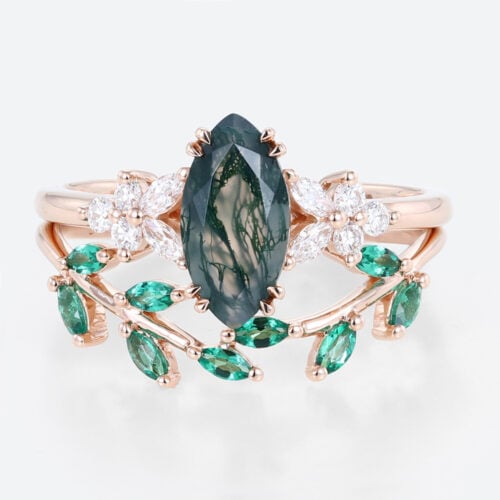 2PCS Rose Gold Marquise Cut Moss Agate Engagement Ring Set
