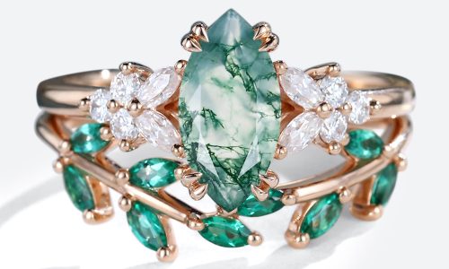 2PCS Rose Gold Marquise Cut Moss Agate Engagement Ring With Emerald Petal Shape Wedding Ring Set (1)