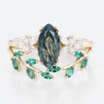 2PCS Yellow Gold Marquise Cut Moss Agate Engagement Ring Set