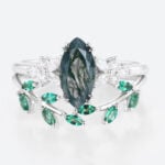 2PCS White Gold Marquise Cut Moss Agate Engagement Ring Set