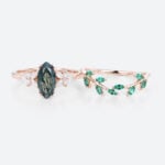 2PCS Rose Gold Marquise Cut Moss Agate Engagement Ring Set