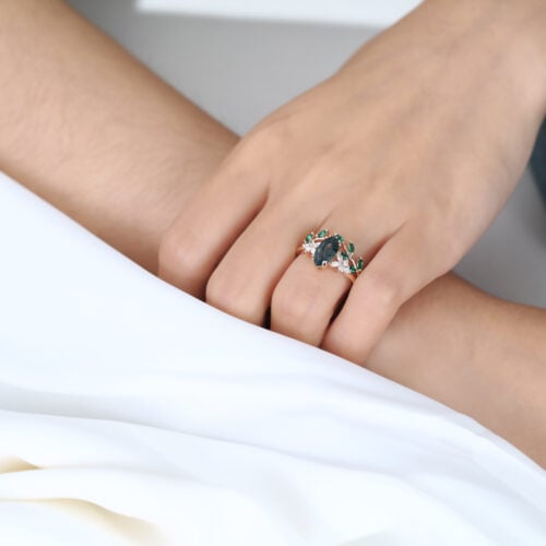 2PCS Rose Gold Marquise Cut Moss Agate Engagement Ring Set