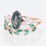 2PCS Rose Gold Marquise Cut Moss Agate Engagement Ring With Emerald Petal Shape Wedding Ring Set (9)